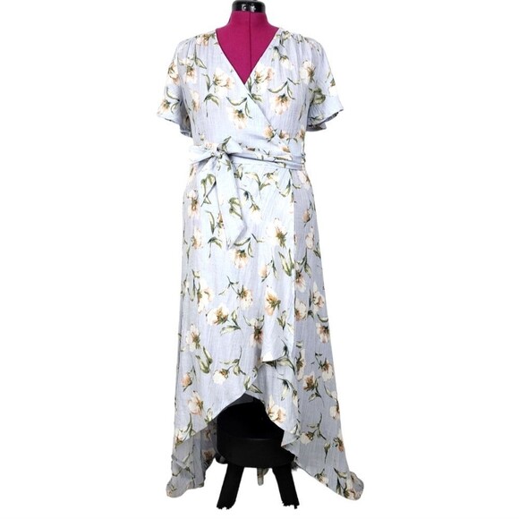 Promesa Dresses & Skirts - Promesa Floral Wrap Dress Light Blue Cotton Spandex Size M